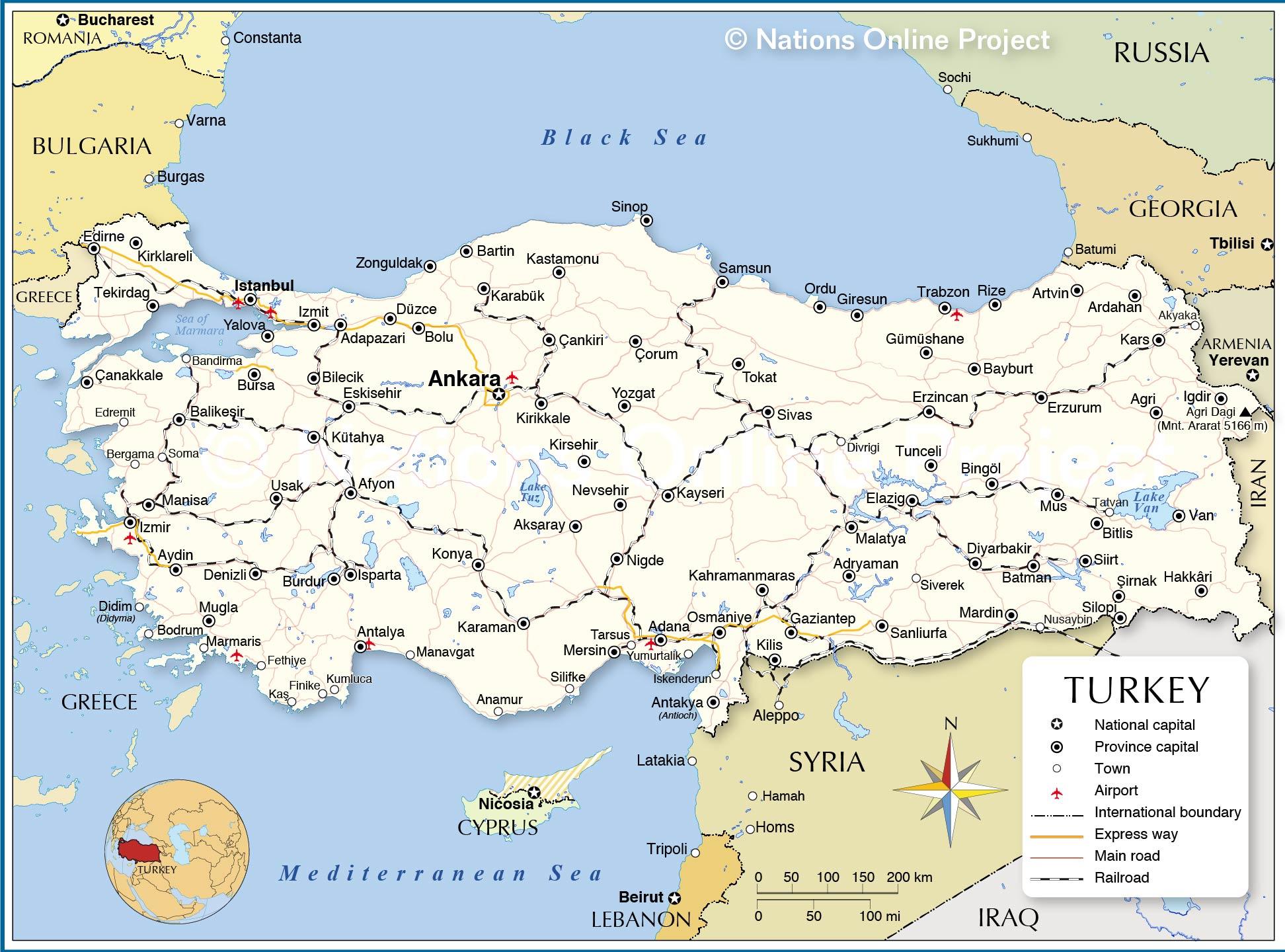 Kaart van Turkije en de omliggende landen - Turkije land de kaart in de