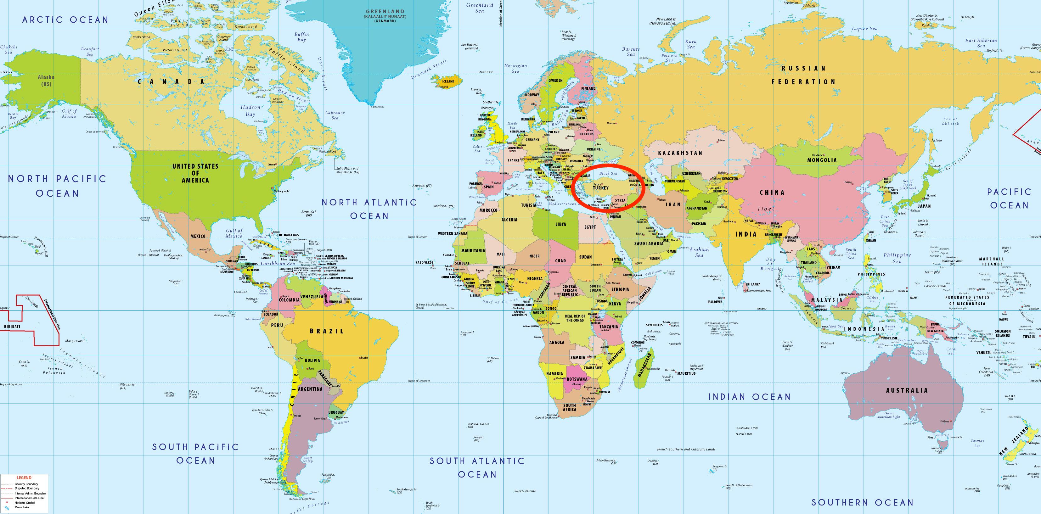 Turkije in wereld kaart - kaart de Wereld te tonen Turkije (West-Azië -