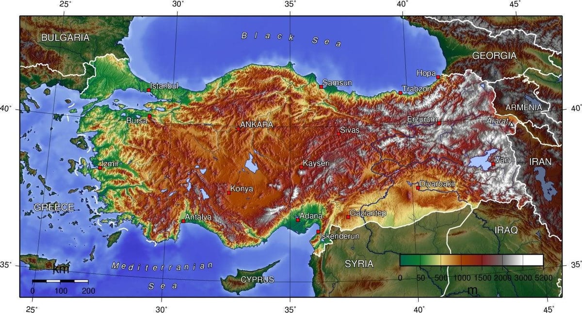 kaart van Turkije hoogte